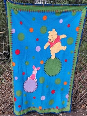 Vintage 90s Winnie the Pooh Blue Kids Throw Blanket with Pooh & Piglet